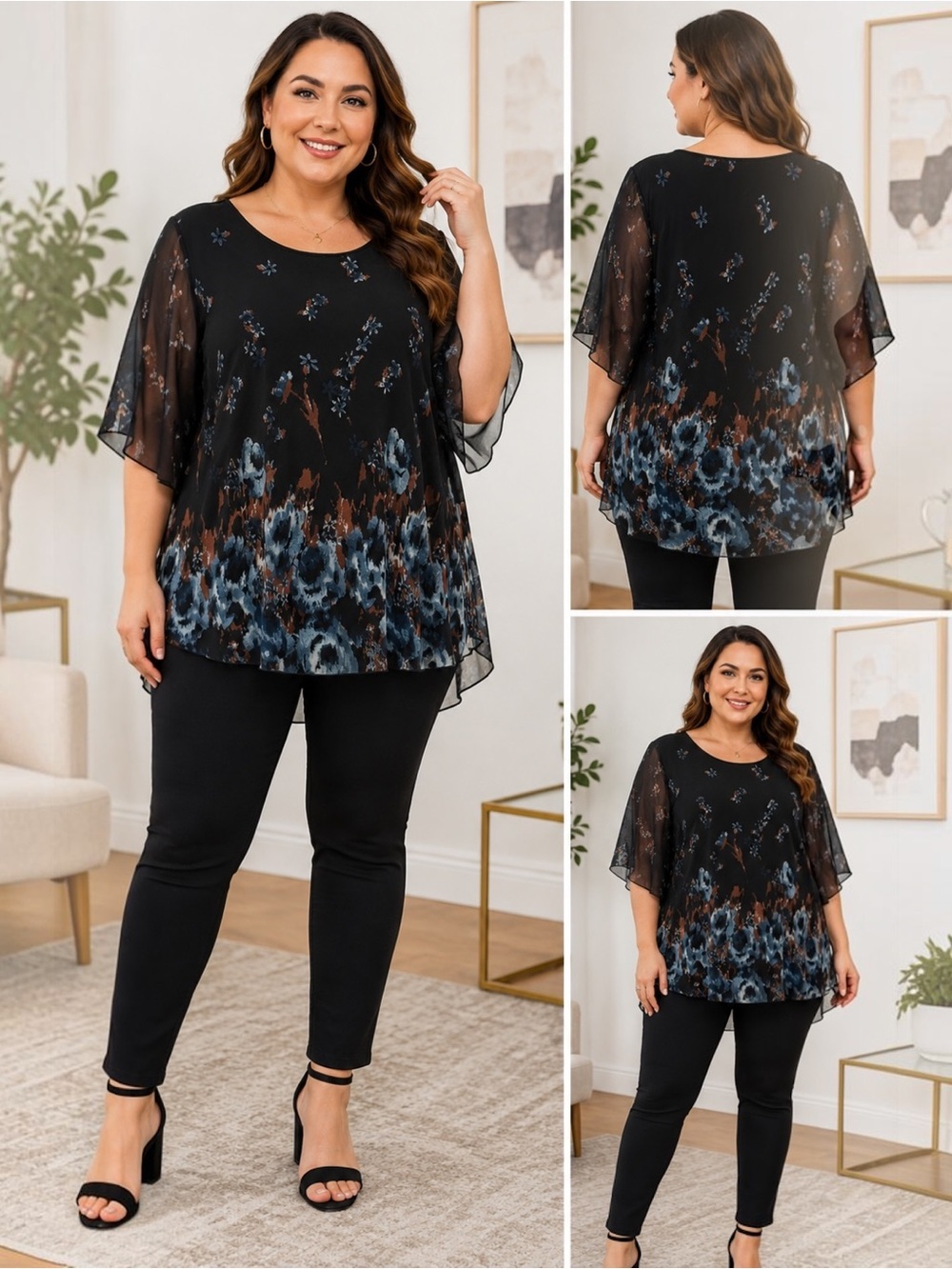 Sese Code 2XL Black Floral Chiffon Tunic Blouse Sheer Overlay Flutter Sleeve